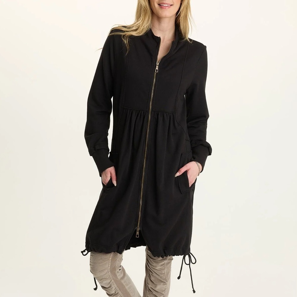 XCVI Black Long Zip Jacket Women’s Large Fleece Funnel Neck Coat Casual
